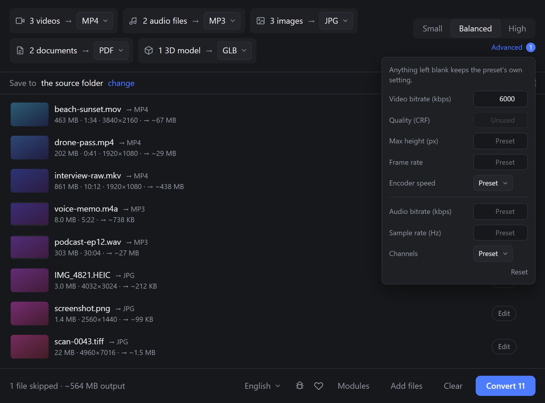 The advanced settings panel showing bitrate and CRF