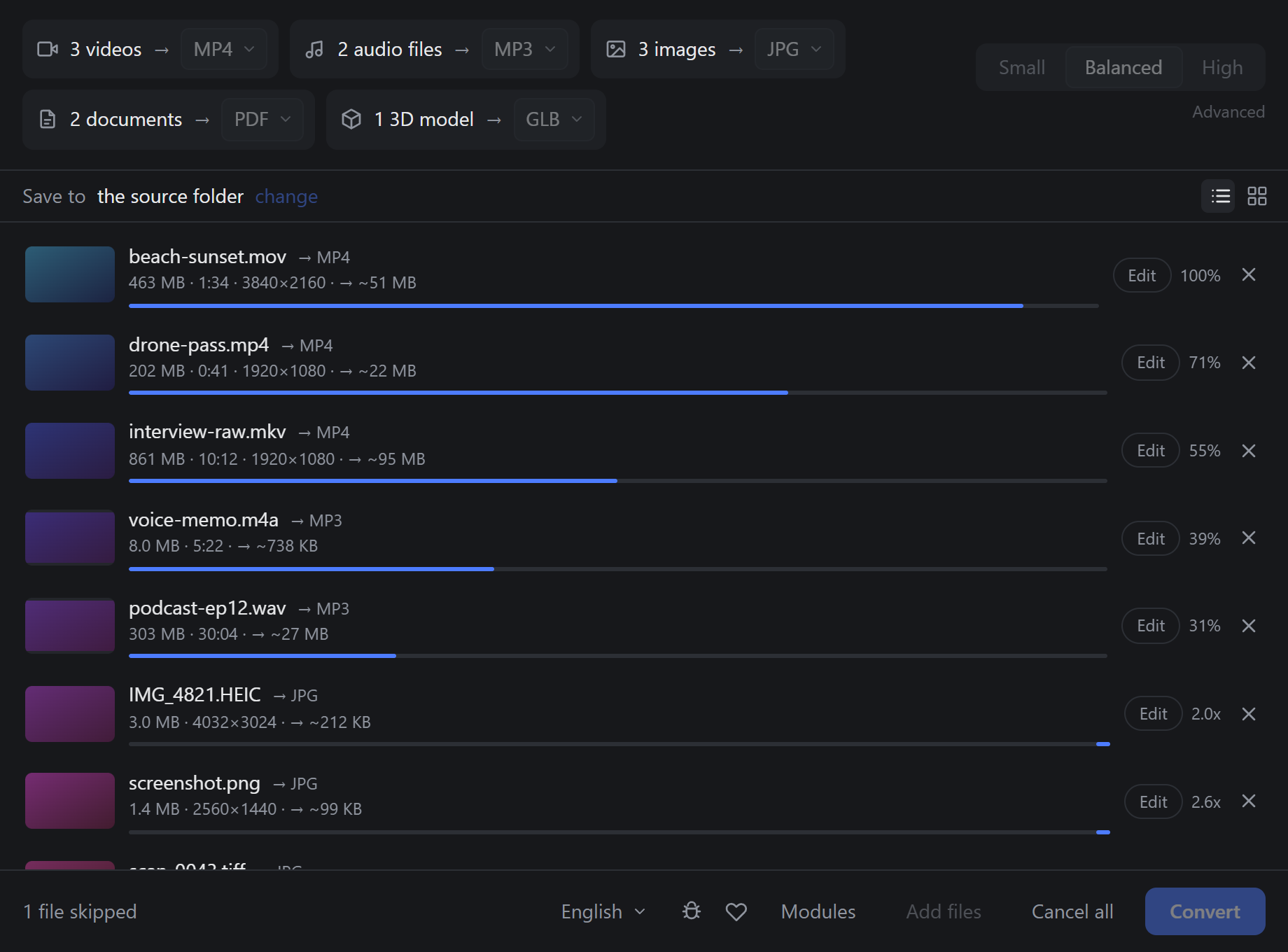 Several files converting in parallel with progress bars