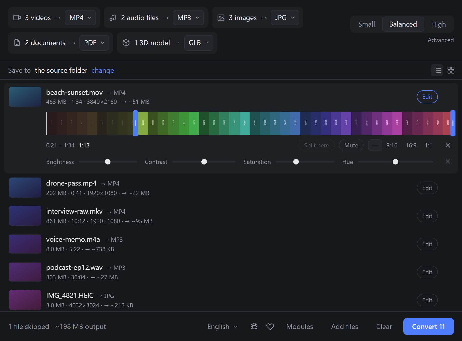 A video being trimmed on a filmstrip timeline