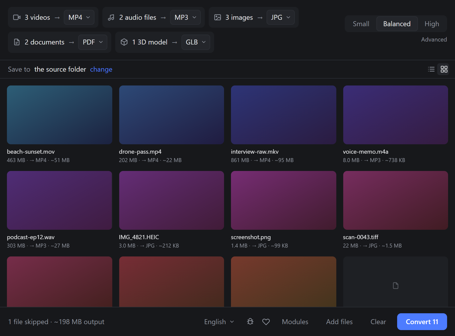 The queue in grid view with a preview for each file